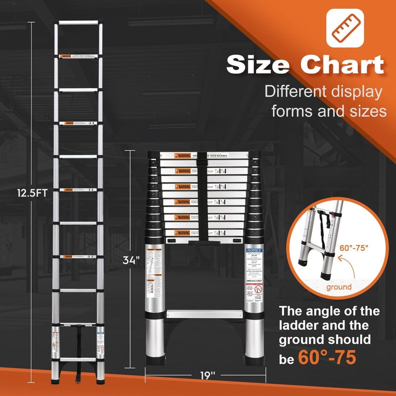 Soctone Telescoping Ladder 12.5 FT A Button, Aluminum Lightweight Extension Ladder with 2 Triangle Stabilizers, Heavy Duty 330lbs Max Capacity, Multi-Purpose Collapsible Ladder for Household or Outdoor Work - Image 5